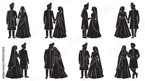 South Asian wedding couple silhouettes in traditional attire with romantic and ceremonial poses.