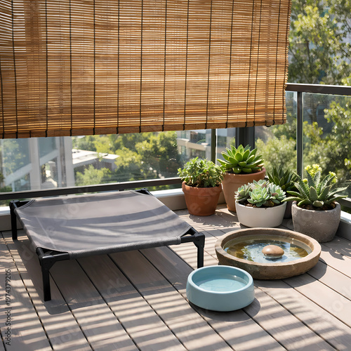 Urban balcony with bamboo shade screen casting striped shadows. Raised mesh cot bed and self-cooling ceramic water bowl. Potted succulents. Minimalist, safe summer retreat.