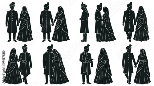 South Asian wedding couple silhouettes in traditional attire with romantic and ceremonial poses.