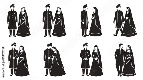 South Asian wedding couple silhouettes in traditional attire with romantic and ceremonial poses.