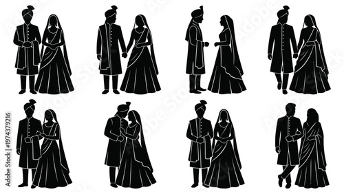   
South Asian wedding couple silhouettes in traditional attire with affectionate and ceremonial poses.
