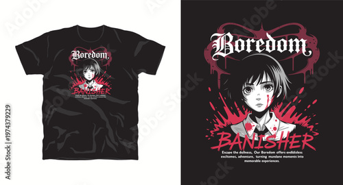 Boredom banisher t-shirt design with anime girl, dripping paint, and gothic typography.
