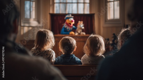 Children watching puppet show performance with colorful puppets in a bright indoor setting