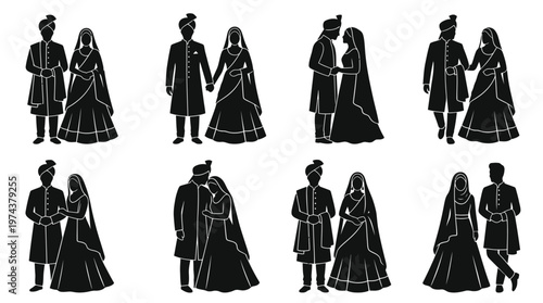   
South Asian wedding couple silhouettes in traditional attire with affectionate and ceremonial poses.