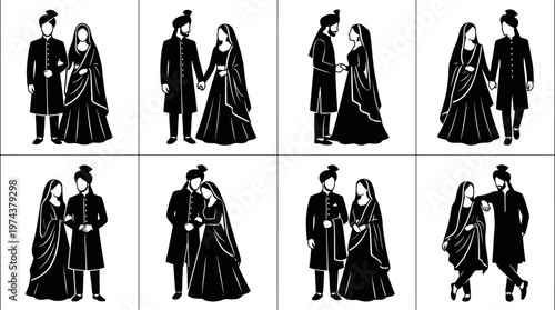   
South Asian wedding couple silhouettes in traditional attire with affectionate and ceremonial poses.