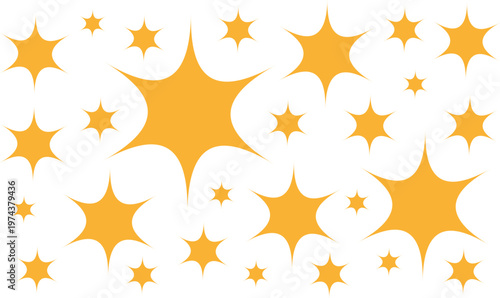 A cheerful and bright seamless background pattern displaying cute yellow cartoon stars scattered across a clean white field. This versatile and lighthearted design is perfect for children's textiles, 