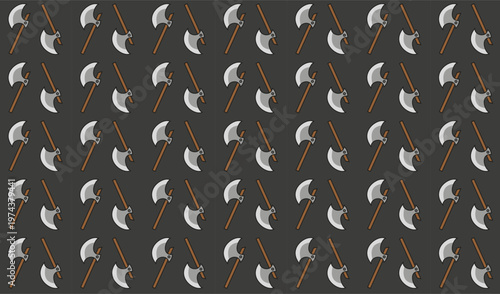 A bold and rugged seamless background pattern featuring minimalist white cartoon axes on a deep black field. This strong and graphic design is suitable for edgy outdoor apparel, survival-themed brandi