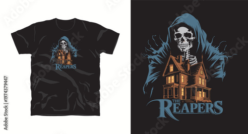 The reapers t-shirt design with grim reaper and haunted house graphic.