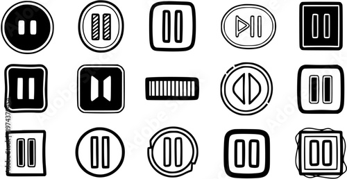 Hand-drawn Black and White Pause Button Icons Set. Doodle Line Art Vector Collection for Digital Media Player, UIUX, and Technology Interfaces.