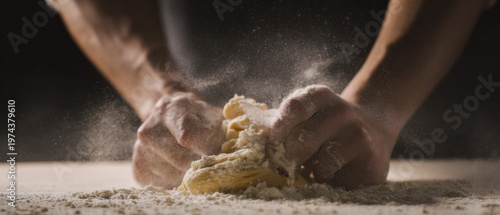 Hands Pressing Dough with Flour Burst Closeup