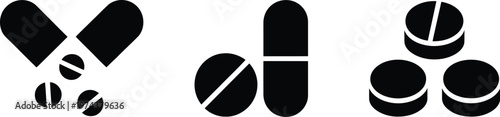 Pill icon, black and white medical pills set with capsule and tablets minimalist design clean line art isolated on white background