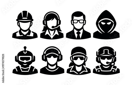 Black and white silhouette of diverse occupations and professions people icons