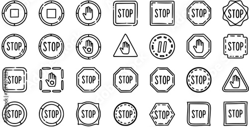 Black and White Line Art Icons of Various Stop Signs, Hand Gestures, and Geometric Shapes for Traffic and Warning Concepts
