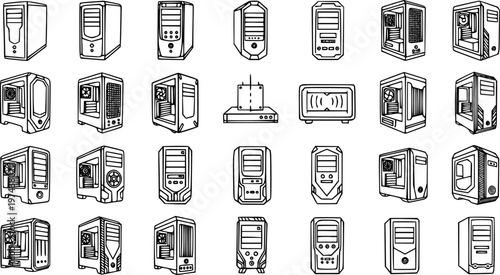 Technology Computing Hardware Black  White Line Art Outline Icons Collection: Desktop PC Cases, Server Towers, and Network Devices Vector Set