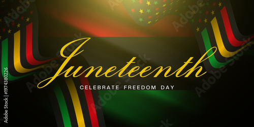 Juneteenth Celebrate Freedom Day. Flag and ligt. Great for posters, banners, social media and more. Black background.
