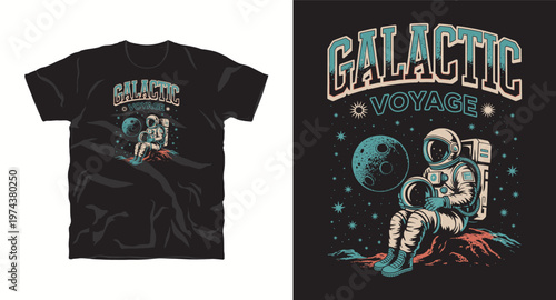 Galactic voyage t-shirt design with astronaut sitting on alien planet looking at moon.
