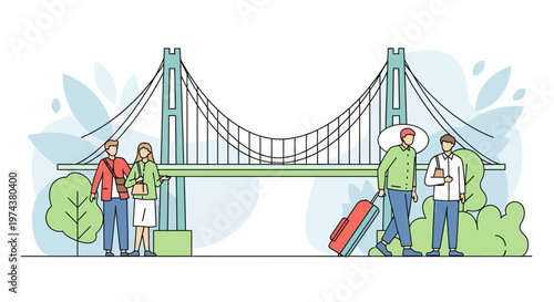 Linear urban scene with tourists near modern cable-stayed bridge