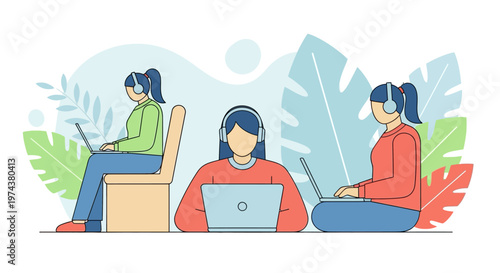 Women working on laptops in relaxed outdoor setting with tropical backdrop