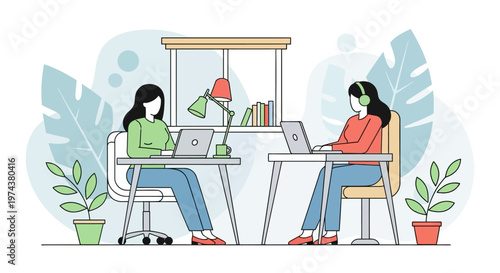 Collaborative workspace with people working on laptops in a modern office setting