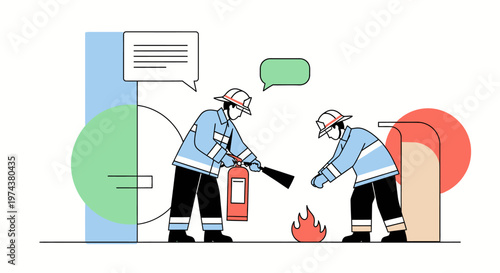 Firefighters engaged in action: minimalist scene with geometric elements and speech bubbles