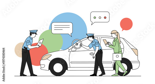 Traffic stop interaction featuring officers and driver in modern flat design