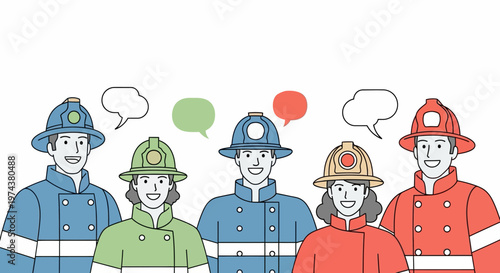 Colorful group of smiling firefighters with speech bubbles in flat style