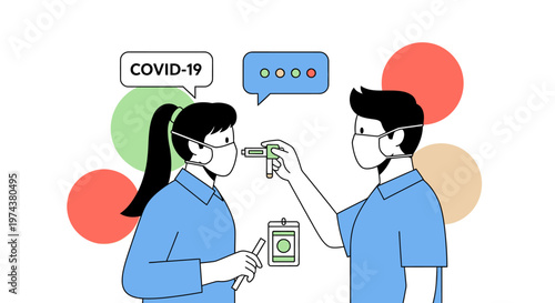 Healthcare workers in masks using thermometer and clipboard during covid-19 pandemic