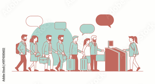 Travelers with luggage in line at airport security checkpoint, speech bubbles