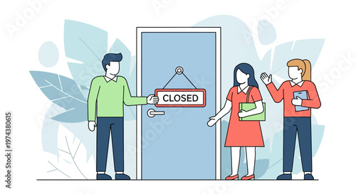 Business closure announcement with frustrated employees in flat design