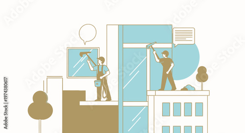 Modern flat style window cleaners on buildings with speech bubbles and urban elements