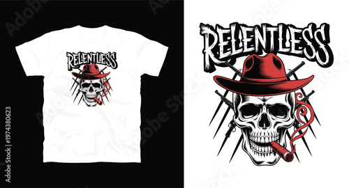 Cowboy skull with red hat and smoking cigar on white t-shirt mockup design.