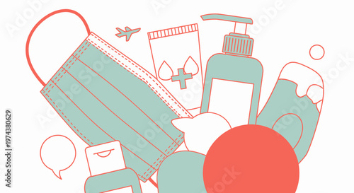 Health and travel essentials: mask, sanitizer, and toiletries in modern design