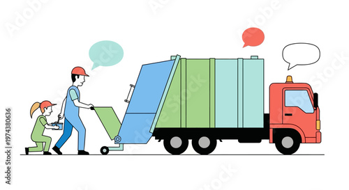 Waste management workers operating garbage truck in minimalist style