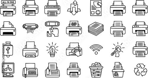Printing and Office Technology Outline Line Art Icons Set - Vector Collection of Printers, Fax Machines, Paper, and Document Management Devices