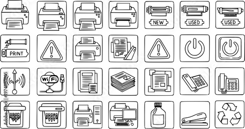 Office and Technology Black  White Line Art Icons Collection: Printers, Supplies, Communication, and Computer Peripherals