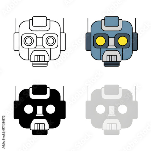 Robot head icons, 4 style variations, black, white, gray, blue, vector graphics