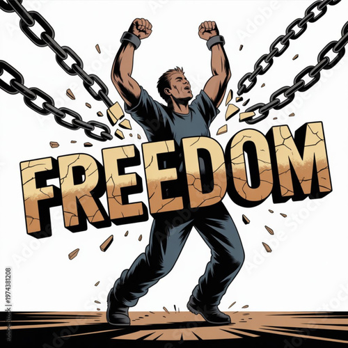 Powerful man breaking heavy iron chains and shattering the word freedom in a comic style Vector, illustration