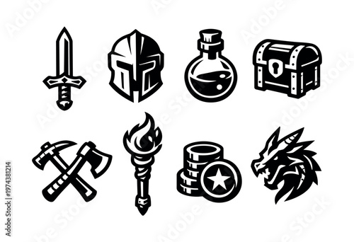 Fantasy adventure icons vector set featuring sword helmet potion chest dragon silhouette illustrations