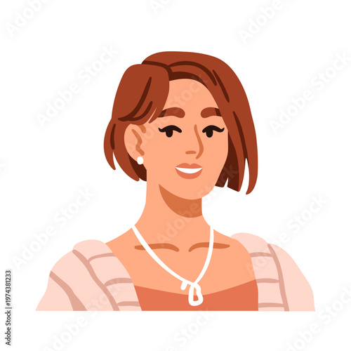 Woman portrait, head avatar, short haircut, bob cut with side part. Young fem...