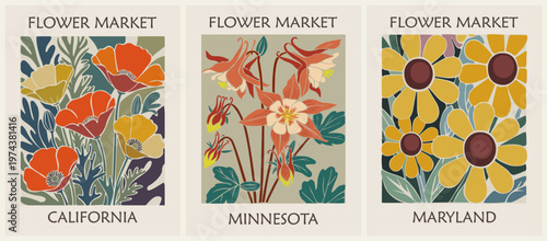 Set of Flower Market retro posters with USA state flowers, California Poppy, Minnesota Columbines, Maryland Black Eyed Susan. Vibrant flowers bloom in each states unique style. 