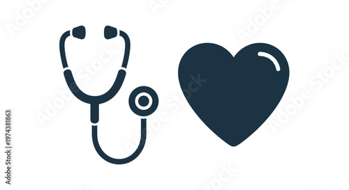Medical stethoscope and heart symbol.