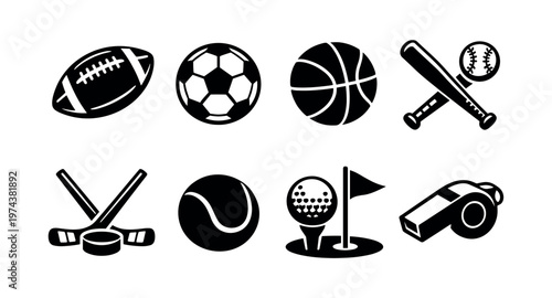 Black and white sports equipment vector set featuring football soccer basketball baseball tennis and golf elements