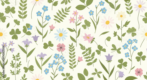 Delicate Wildflowers and Clover Pattern.