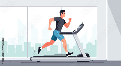 This flat design illustration shows an athletic man engaging in a cardio workout, running intensely on a treadmill within a modern gym setting.
