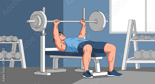 An athletic man demonstrates strength training by performing a barbell bench press, captured in a clean and modern flat design illustration.
