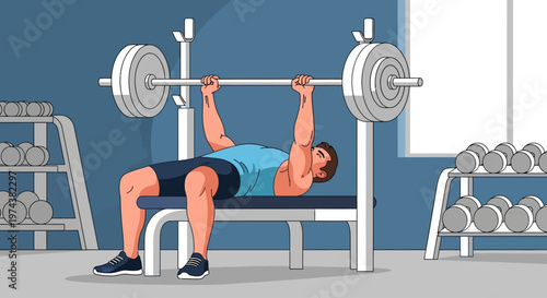 An athletic man demonstrates strength training by performing a barbell bench press, captured in a clean and modern flat design illustration.

