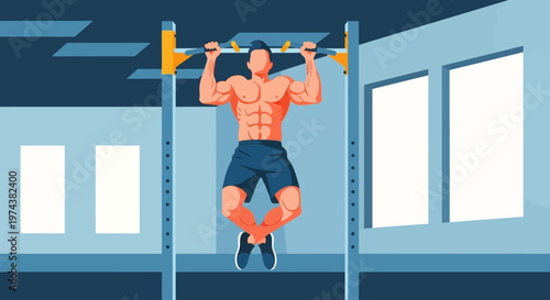 An athletic man builds powerful upper body strength by performing pull-ups on a bar, rendered in a crisp flat design illustration.