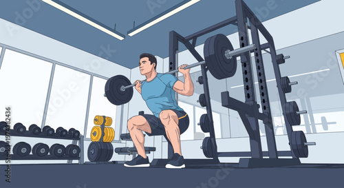 This flat design illustration showcases an athletic man performing a barbell squat, focusing on lower body and core strength in a gym.
