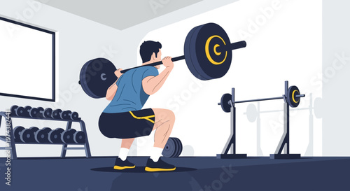 This flat design illustration showcases an athletic man performing a barbell squat, focusing on lower body and core strength in a gym.
