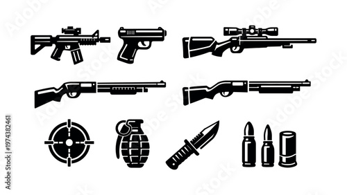 Weapon silhouette vector set with assault rifles handguns sniper rifle shotguns grenade and ammo